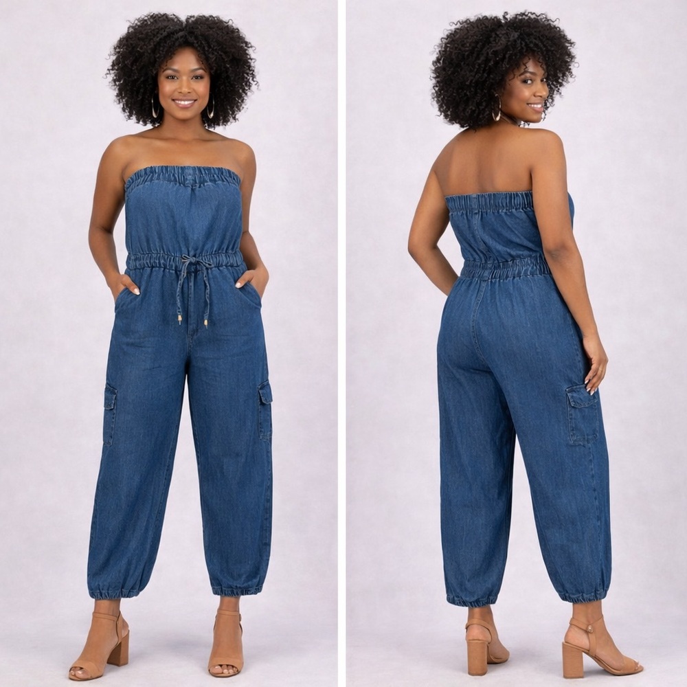 Strapless Denim Cargo Jumpsuit in Blue